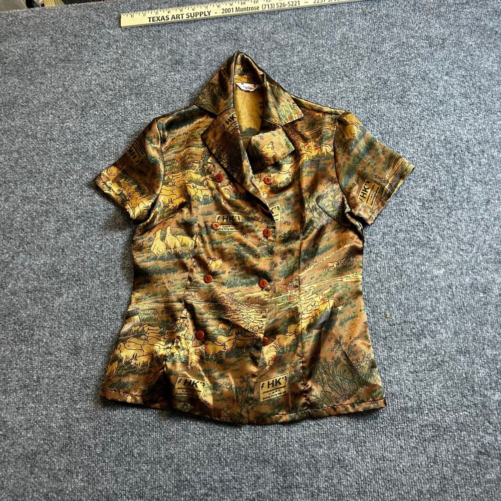 HK Blouse Womens Size S Brown Satin Horse Print Double Breasted Short Sleeve Top